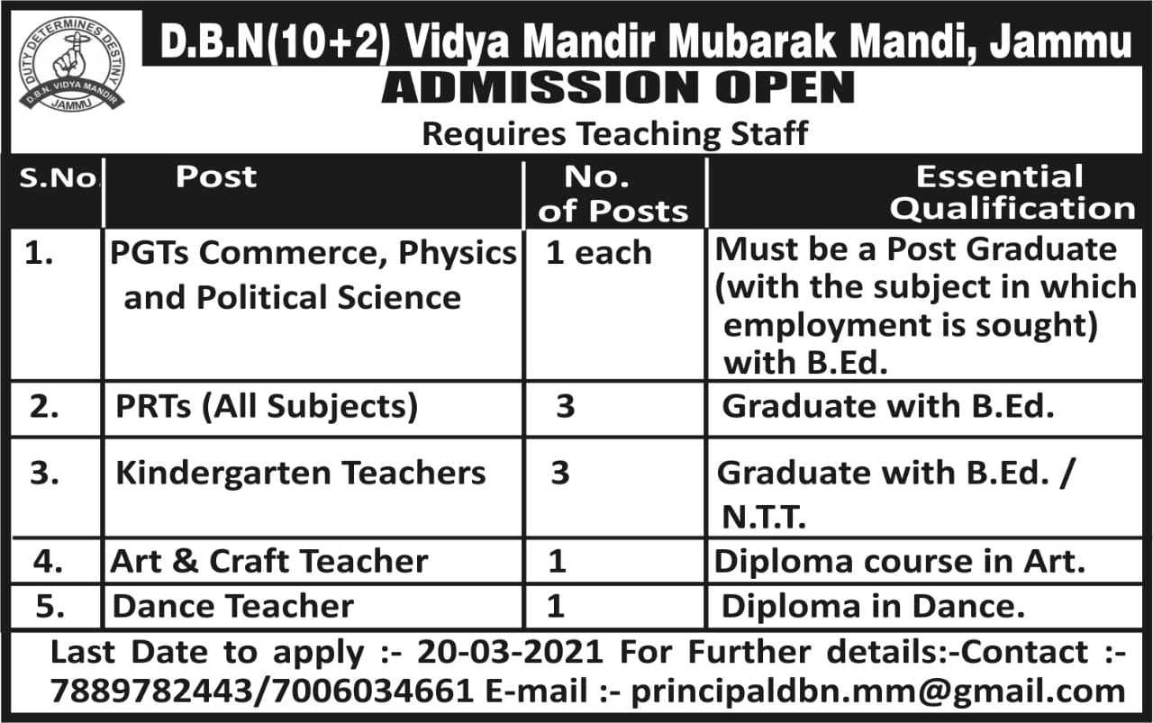 D.B.N (10+2) Vidya Mandir Mubarak Mandi, Jammu Jobs Recruitment 2021
